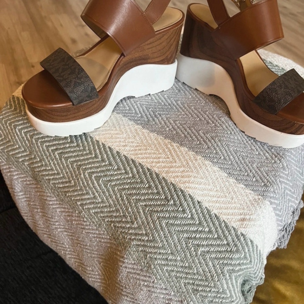 MICHAEL Michael Kors Tan and White Wedge Sandals